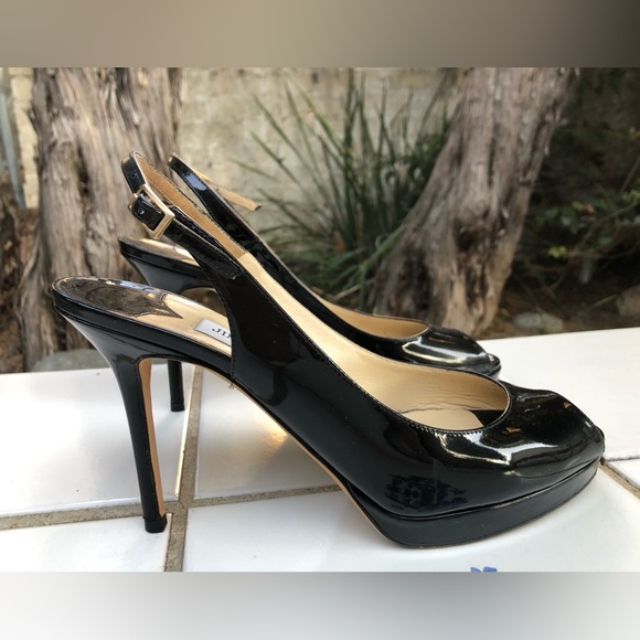 Jimmy Choo Size 39.5 9.5 Black Patent Leather Peep Toe Sling Back Heel Pumps - Picture 3 of 9